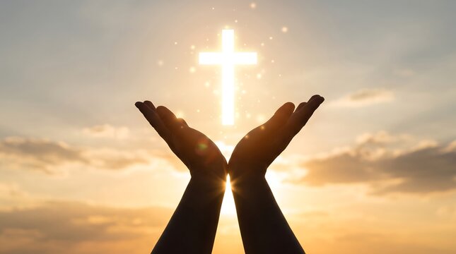 Human hands reaching up towards a glowing christian cross in the sky