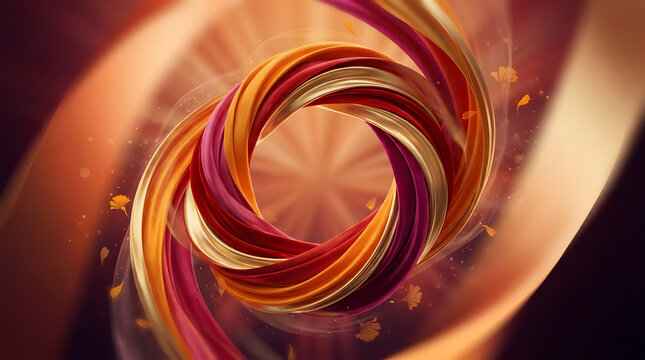 Dynamic swirling ribbons of gold, crimson, and orange intertwine gracefully in a mesmerizing vortex featuring smooth silk textures and radiant glowing light effects throughout