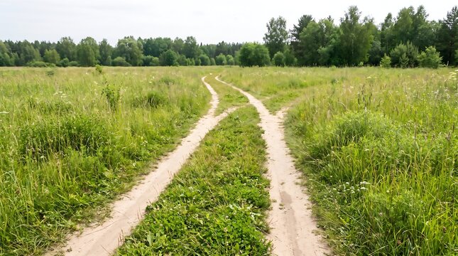 Dirt road splitting into two paths through a green summer meadow with