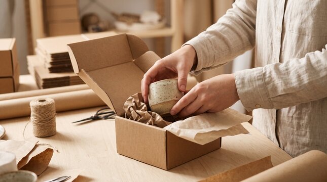 Small Ecommerce Business Owner Carefully Packing Customer Orders into Recyclable Cardboard Shipping Boxes