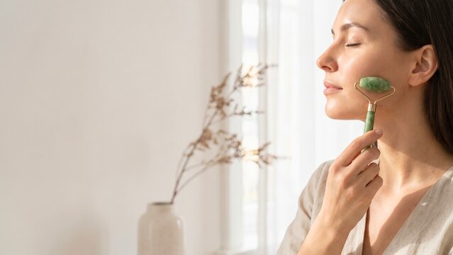 Woman massaging clean facial skin with green jade stone roller at home