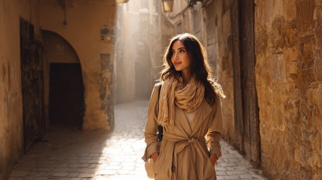 Woman in trench coat walking through a sunlit ancient alleyway. A young woman strolls through a narrow, cobblestone street bathed in warm sunlight, evoking a sense of adventure and discovery