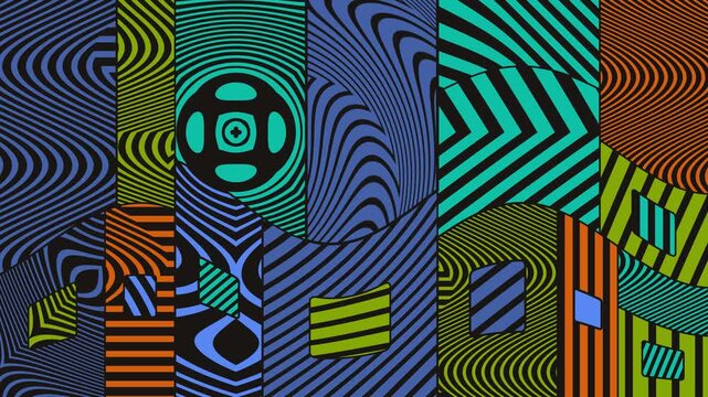Vibrant trippy motion graphics display undulating optical illusion patterns that dynamically shift colors and hypnotic geometric shapes
