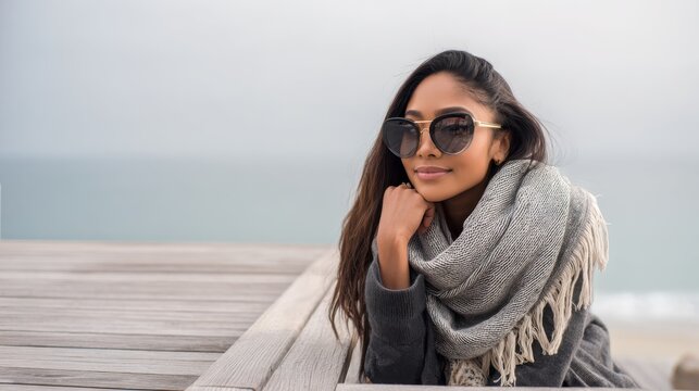 Stylish woman enjoying the seaside in sunglasses and a cozy scarf. A fashionable woman relaxes by the coast, showcasing her chic sunglasses and warm scarf