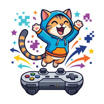 Cute cartoon cat jumping happily over a video game controller with pixel art elements.