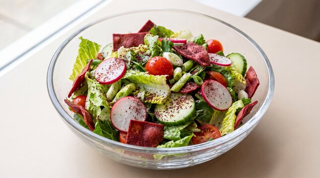 Fresh fattoush salad with crispy pita chips in a glass bowl for
