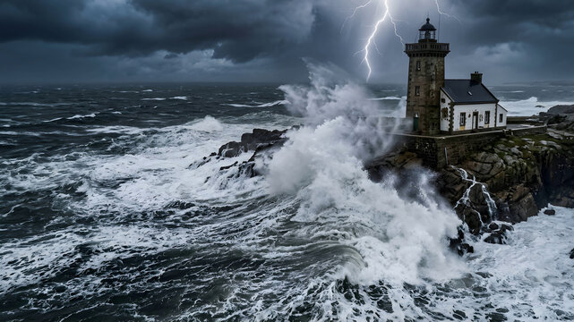Ocean waves crash against lighthouse building during storm lightning flash sky