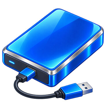 Glossy Blue External Hard Drive Isometric 3D Illustration on Transparent Background