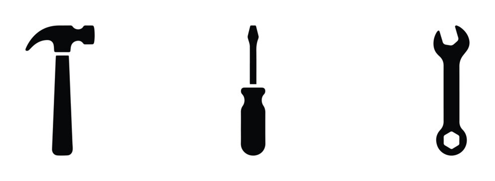 Hammer, screwdriver and wrench silhouettes set, repair and construction tools for DIY and industry