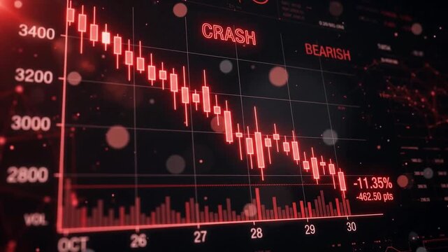 Financial stock market crash chart with red bearish candlestick patterns and digital data visualization