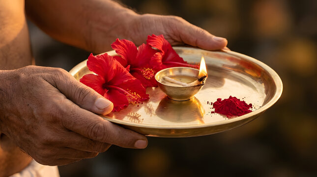 Devotee holding golden metal tray with vibrant red hibiscus flowers, glowing oil lamp, and sacred powder during traditional Hindu prayer ceremony at sunset