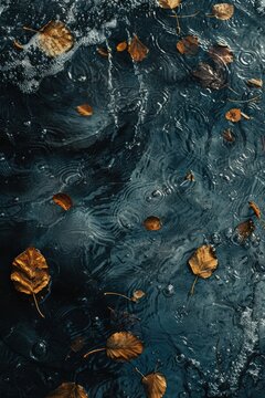 Vertical Shot of Leaves in Rippling Water