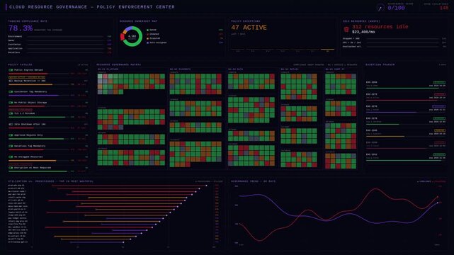 4K dark-mode cloud resource governance dashboard animation featuring ownership mapping, tagging compliance, utilization metrics, policy enforcement, and exception tracking with purple accents.