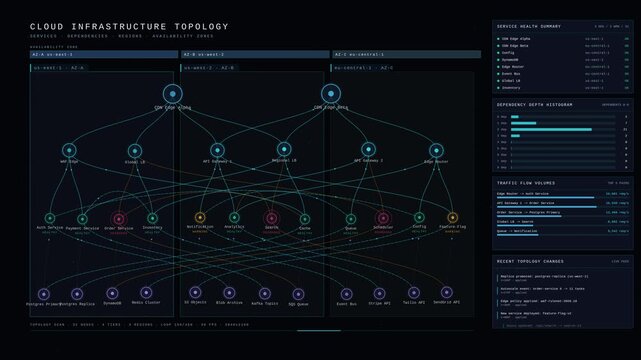 Dark mode cloud infrastructure topology dashboard animating service dependencies, regions, and availability zones with cyan and violet nodes for commercial creative technology and business use.