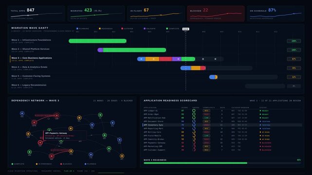Dark mode cloud migration operations dashboard animation showing Gantt chart waves, dependency graph, and readiness scorecard with live KPIs for commercial creative technology and business use.