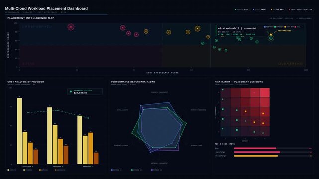 4K dark mode multi-cloud workload placement dashboard visualizing performance, capacity, cost, and risk analytics with animated charts and data points.