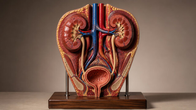 Anatomical model of urinary system cross section showing kidneys, ureters, bladder on wooden base with soft studio lighting