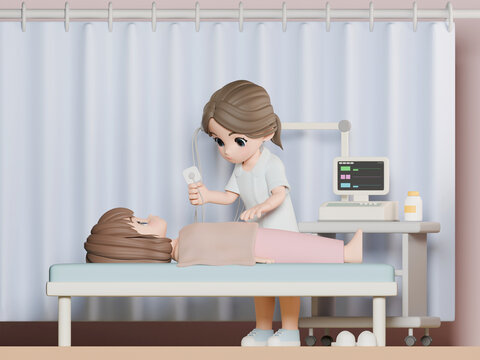 3D CG｜心電図検査でベッドに横たわる女性と電極パッドを装着する看護師