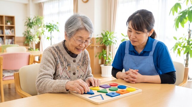 介護施設で認知機能を刺激する活動に取り組む日本人高齢女性
