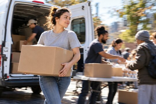 Volunteers distribute essential supplies from mobile aid van to people experiencing homelessness. Community outreach and relief support. Christian social service and humanitarian aid.