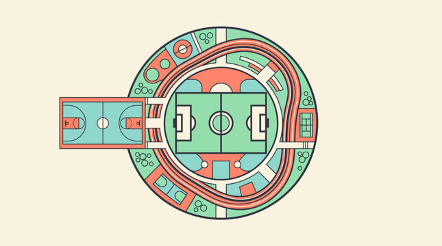 Aerial Top View Circular Multi Sport Arena Vector Layout with Football Field, Running Track, and Basketball Court