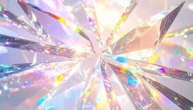 放射状に広がる透明なクリスタルと多彩な光の反射が美しい幻想的なプリズム抽象背景