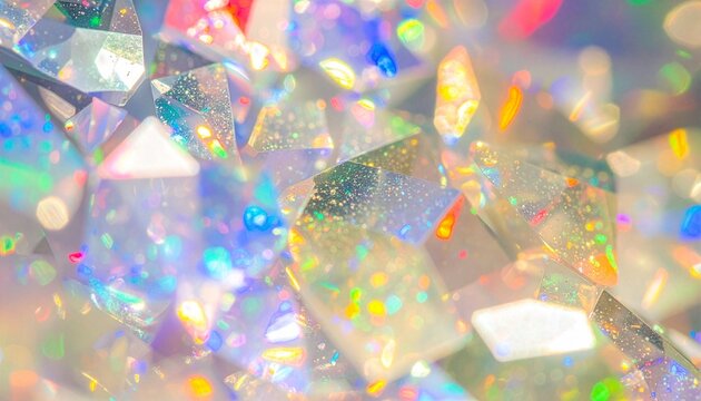 透明なクリスタルに多彩な光が反射する幻想的なプリズムとボケの抽象背景