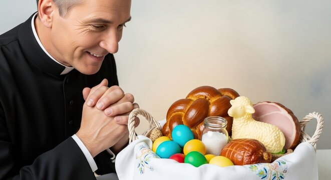 Priest blessing traditional Easter food basket