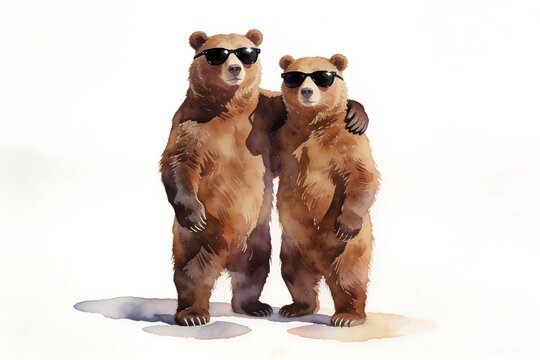A watercolor brown bear stands with an arm around another brown bear both wearing sunglasses on a pure white background