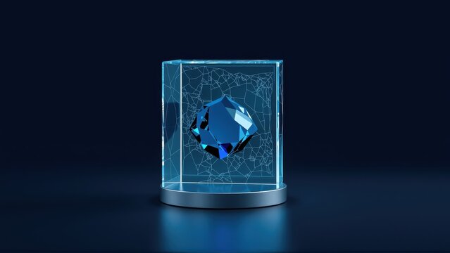 Blue gem inside transparent cube. Lines connect points forming network. Dark background emphasizes objects glow, creating futuristic feel.