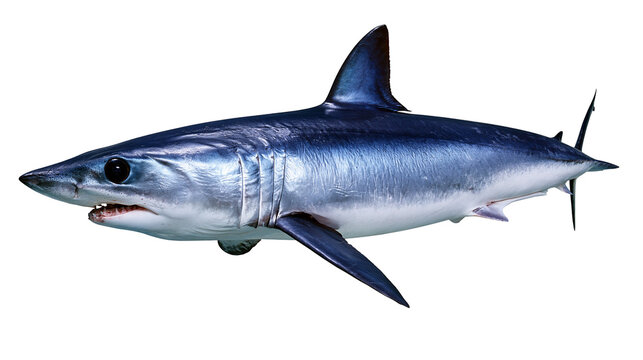Shortfin mako shark swimming with dark blue skin and sharp teeth