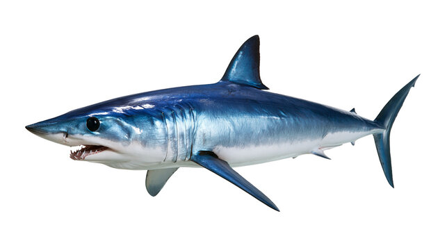Shortfin mako shark with metallic blue skin and sharp teeth