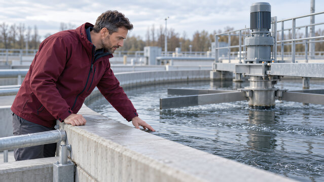 Man Inspecting Circular Clarifier Basin at Municipal Water Treatment Plant