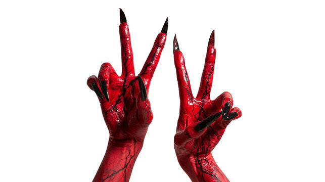 Red demon hands with long black sharp claws making peace signs
