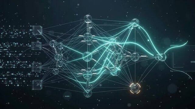 Neural network artificial intelligence node network, digital machine learning data flow, abstract cyan blue glowing tech background loop