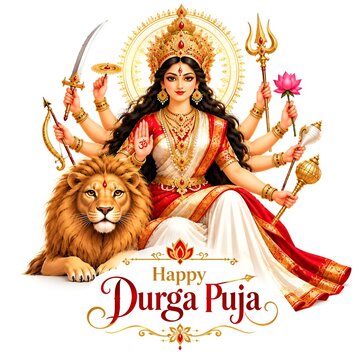 Maa Duga Sitting with Lion on White Background - Happy Durga Puja Wishes in Red and Gold
