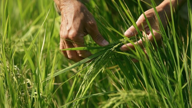 Farmer inspecting healthy&ccedil;&uml;&sup2; plants closely in a rice field, hands gently touching rice