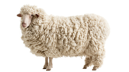 Fluffy cream colored sheep with thick curly wool standing in profile © Alaric