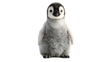 Fluffy emperor penguin chick with grey downy feathers and black facial markings © Alaric