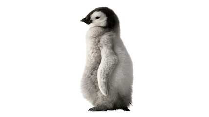 Fluffy emperor penguin chick with grey downy feathers and black head markings © Alaric