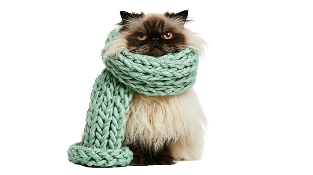 Fluffy Himalayan cat wearing a chunky knit mint green wool scarf
