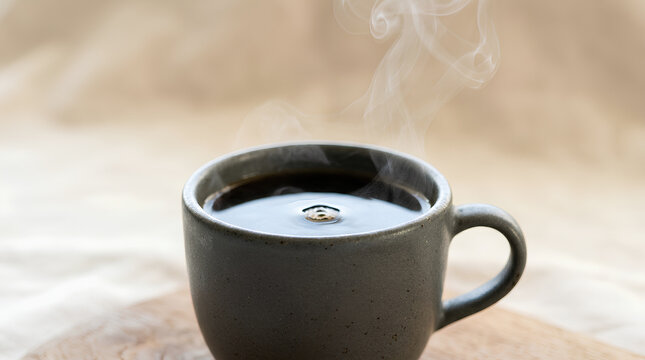 Warm steaming black coffee in a ceramic mug on neutral fabric surface capturing cozy morning moment