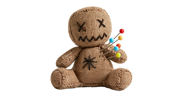 Burlap voodoo doll with stitched facial features and colorful sewing pins