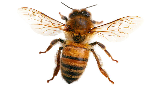 Detailed macro close-up of a honey bee with translucent wings and fuzzy body