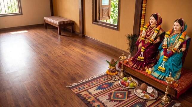 Gauri puja ritual setup with decorated goddess statues indoors