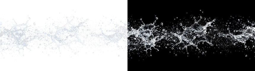 Water splash with clear flying droplets and crown shaped bursts for beverage and freshness designs in PNG, Transparent and Black Background Versions © Designs House 