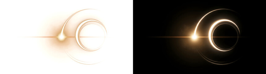 Lens flare with glowing golden crescent rings and a bright light burst for cinematic designs in PNG, Transparent and Black Background Versions © Designs House 