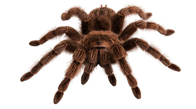 Large brown hairy tarantula spider with eight legs and fangs