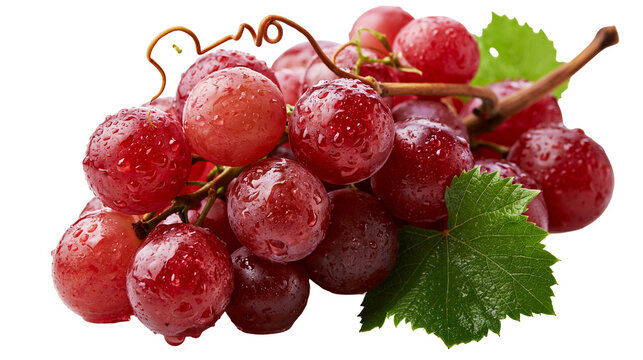 Fresh ripe red grapes cluster with water droplets and green vine leaf