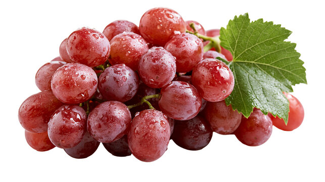 Fresh red grapes cluster with water droplets and a green vine leaf